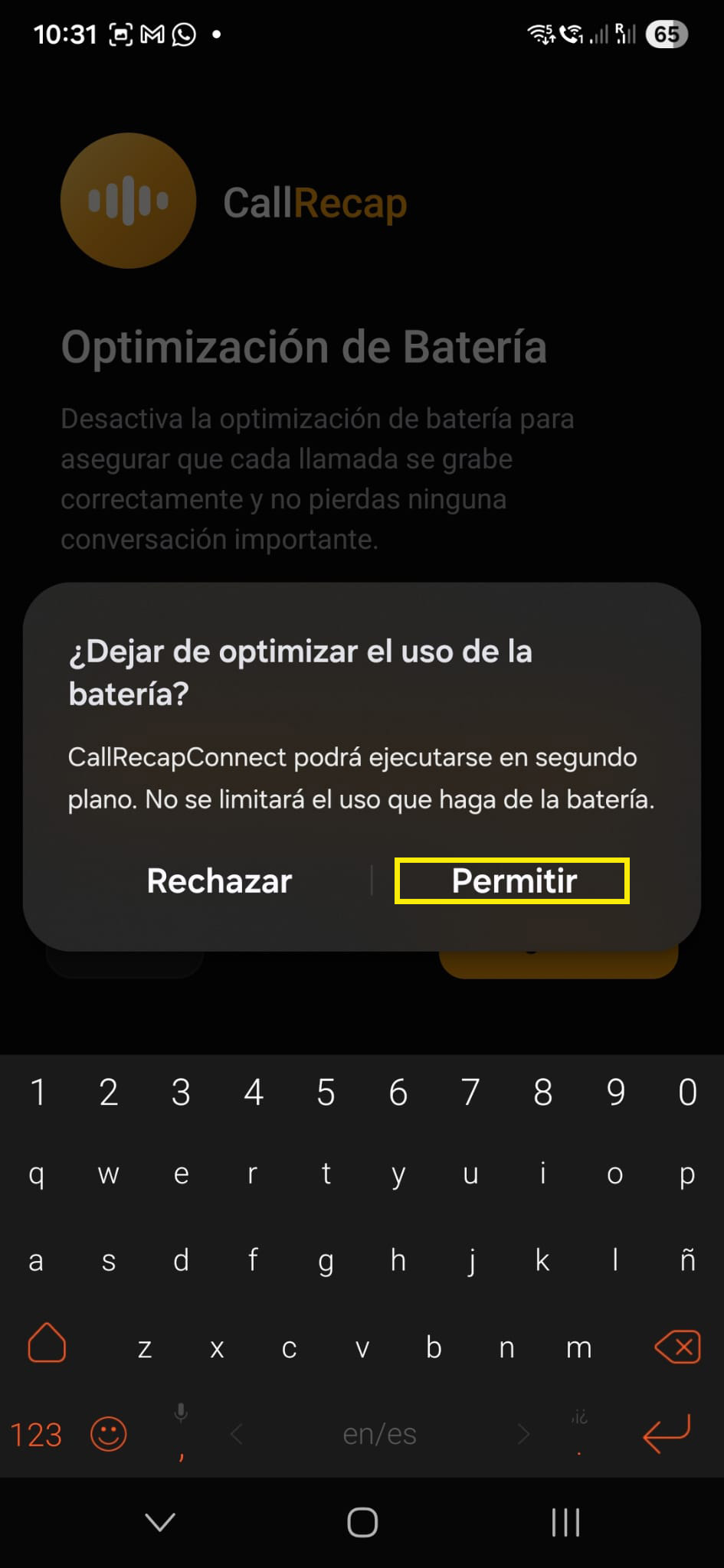 Allow battery dialog