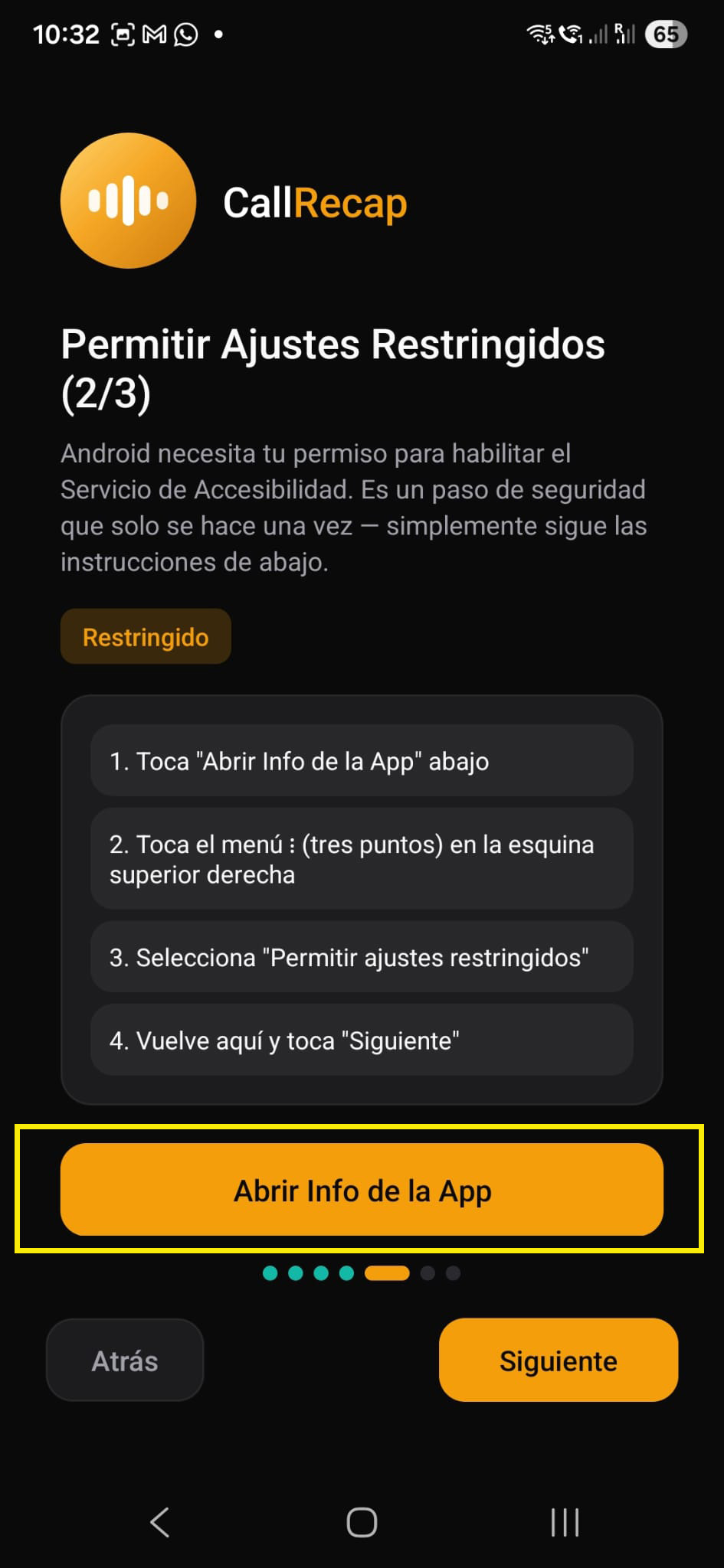 Restricted settings step